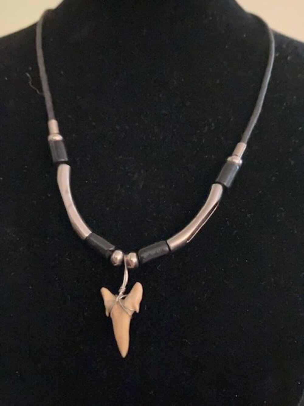 Black and Silver Beaded Necklace on Black Cord